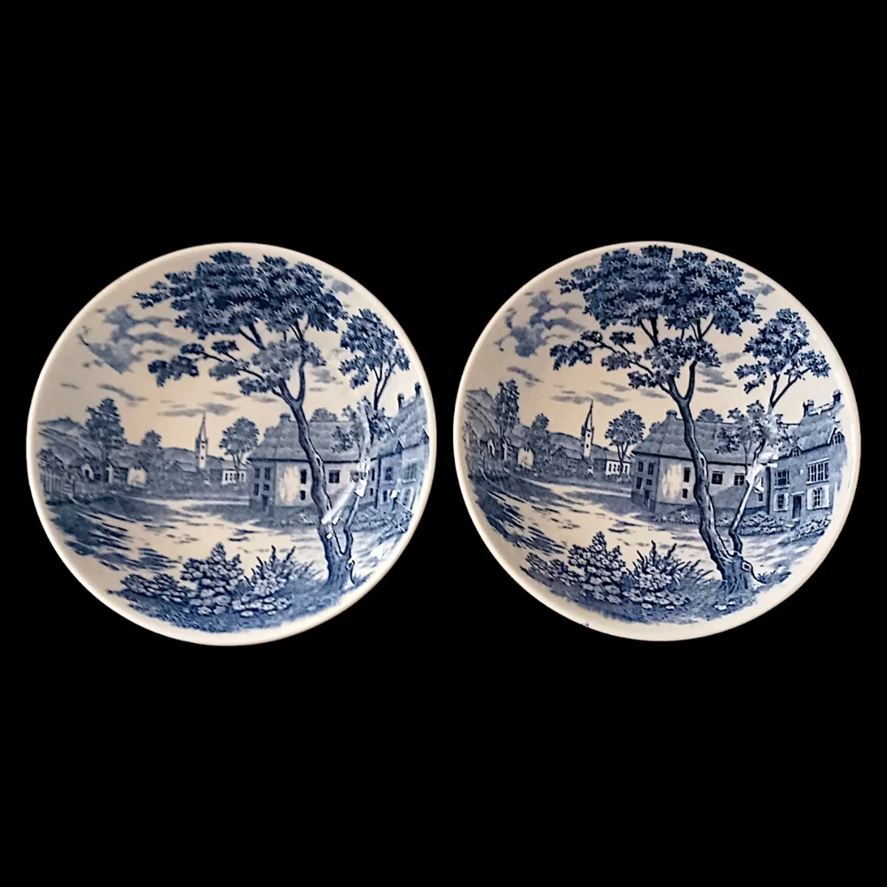 2 Holmar English Village Bowls Set Soup Cereal‎ Berry Blue White Vintage Japan